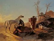 Rastendes Beduinenpaar mit Araberpferden, Theodor Horschelt